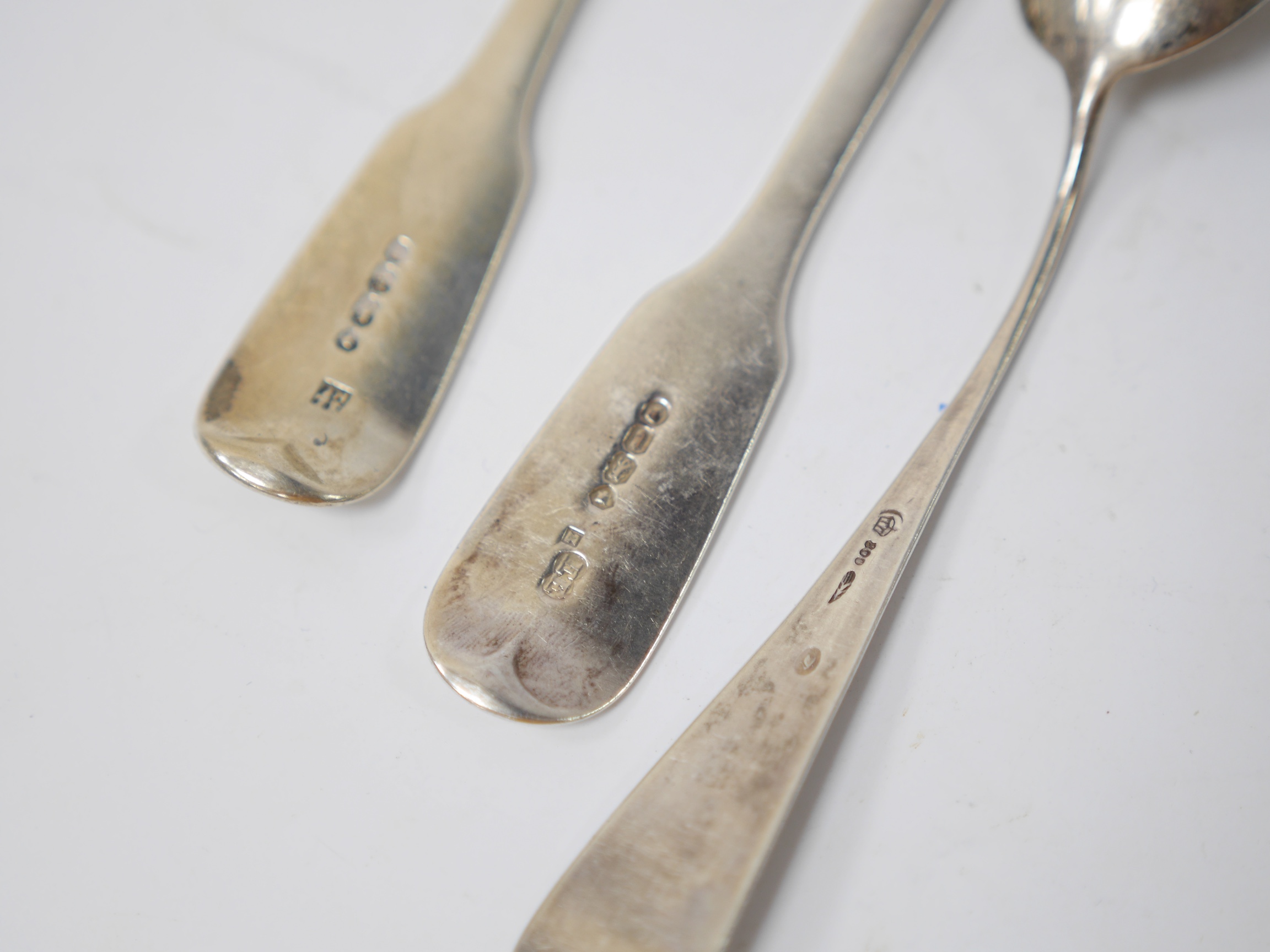 Four small mounted photograph frames, including a double by Saunders & Shepherd, Birmingham, 1905, 45mm, a silver dish, a silver napkin ring and five items of silver flatware. Condition - poor to fair